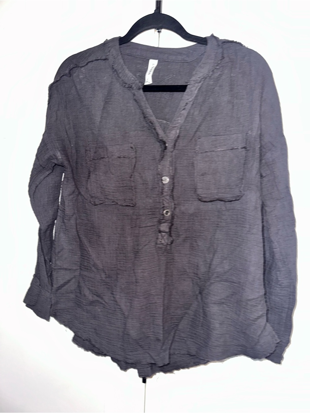 Zenana Size Small Washed Charcoal Long-Sleeve Henley Top - Picture 2 of 10